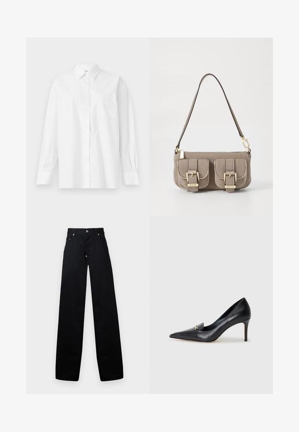 Hvid langærmet skjorte lavet af bomuld, med klassisk krave, knaplukning og en enkelt brystlomme på venstre side.; Sorte vidde bukser lavet af bomuld, med lynlås i gylpen, to frontlommer og et klassisk fem-lomme design med metalhardware detaljer.; Sorte læderpumps med spids tå, lav udskæring og dekorativ guldaccent. Har en stiletthæl og glat tekstur.; Beige tekstureret håndtaske med justerbar rem, to forreste lommer sikret med spænder og guld hardware detaljer. Lynlåslukning på toppen.