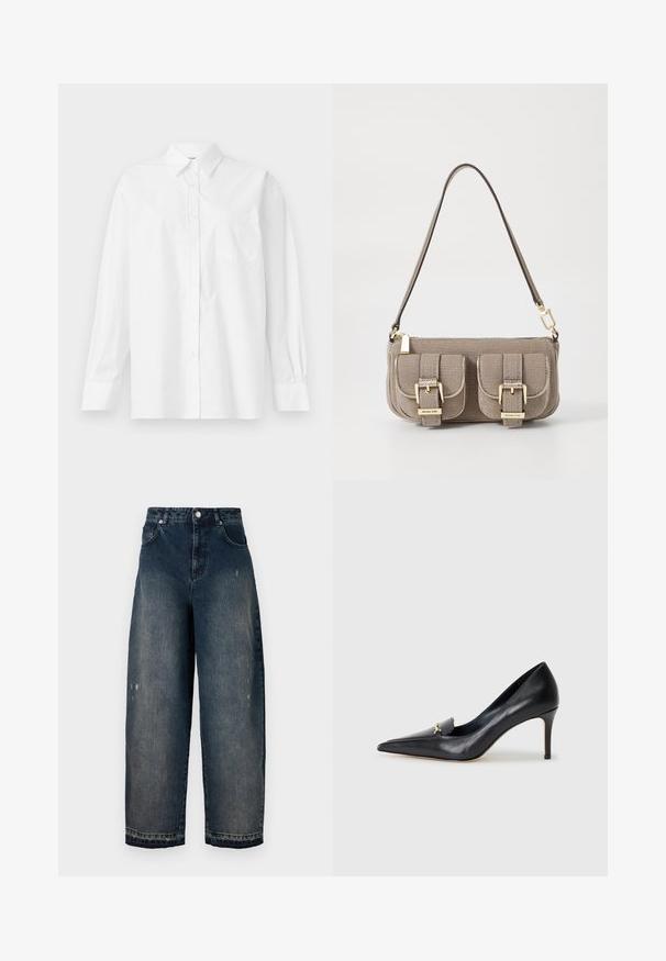 Cămașă albă cu mâneci lungi din bumbac, având un guler clasic, închidere cu butoane și un singur buzunar pe partea stângă.; Jeans din denim închise la culoare, cu picioare largi și talie înaltă, cinci buzunare, cusături vizibile și ușoare uzuri pe față. Închidere clasică cu buton și fermoar.; Pantof cu toc din piele neagră, cu vârf ascuțit, decolteu adânc și un accent decorativ auriu. Prezintă un toc stiletto și o textură netedă.; Geantă bej texturată, cu curea ajustabilă, două buzunare frontale asigurate cu catarame și accente din metal aurit. Închidere cu fermoar în partea de sus.