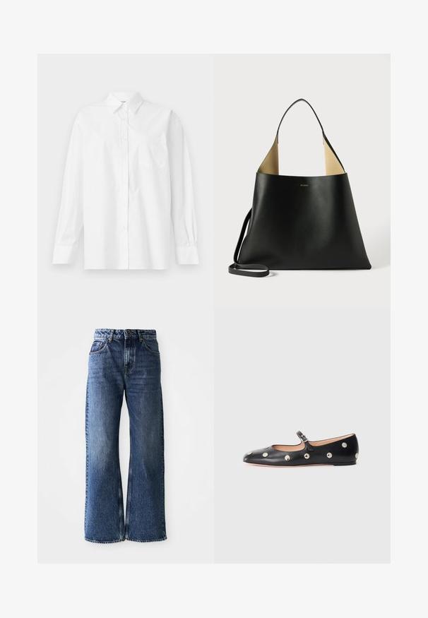 Weißes Langarmhemd aus Baumwolle mit klassischem Kragen, Knopfverschluss und einer Brusttasche auf der linken Seite.; Weite blaue Jeans aus Denim mit hoher Taille. Verfügt über ein klassisches Fünf-Taschen-Design, kontrastierende Nähte und einen leicht verblassten Finish.; Schwarze Leder-Mary-Jane-Ballenflats mit runder Zehenform, ausgestattet mit silbernen runden Nieten und einem verstellbaren Riemen mit Schnalle.; Schwarze Leder-Tote mit einem geräumigen, eckigen Design. Verfügt über ein kontrastierendes, hellbraunes Innenfutter und einen dünnen Schulterriemen. Minimalistisches Branding ist angebracht.