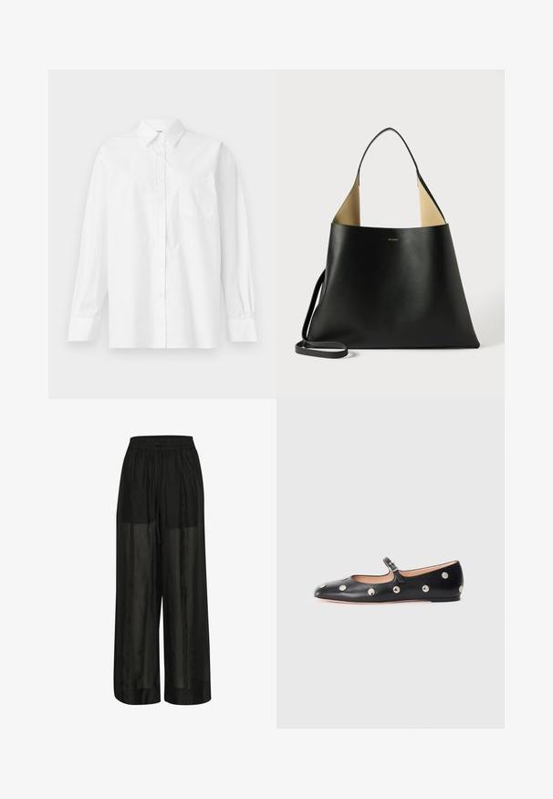 White long-sleeve shirt made of cotton, featuring a classic collar, button closure, and a single breast pocket on the left side.; Black wide-leg trousers made of sheer fabric, featuring an elastic waistband with a drawstring for adjustable fit and a smooth texture.; Black leather Mary Jane flat shoe with a rounded toe, featuring silver circular studs and an adjustable strap with a buckle.; Black leather tote bag with a spacious, angular design. Features a contrast tan interior and thin shoulder strap. Minimalist branding displayed.
