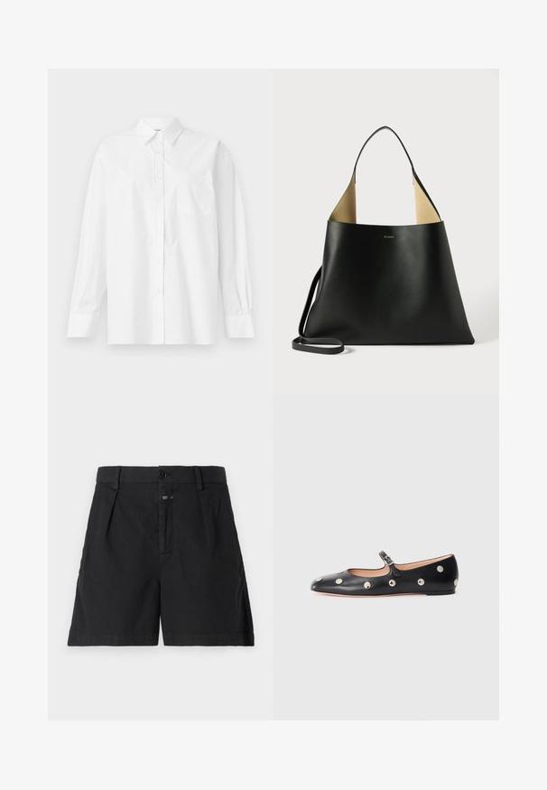 Fehér, hosszú ujjú pamut ing klasszikus gallérral, gombos záródással és egyetlen zsebbel a bal oldalon.; CLOSED REVYL - Farmer rövidnadrágok - black; Fekete bőr Mary Jane lapossarkú cipő, lekerekített orral, ezüst színű kör alakú szegecsekkel és állítható pánttal, csattal.; Fekete bőr bevásárlótáska tágas, szögletes kialakítással. Kontrasztos barna belső tér és vékony vállpánt jellemzi. Minimalista márkázás látható.