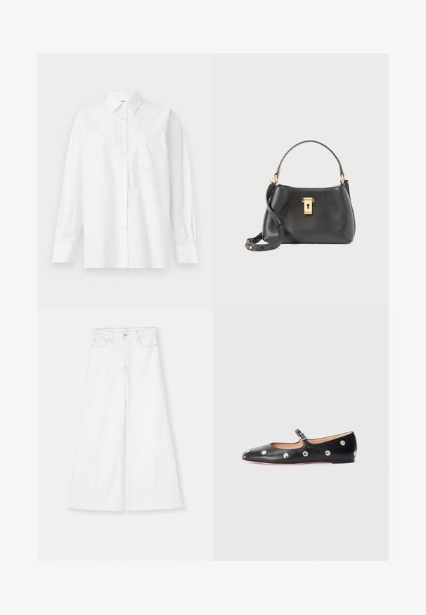 Weißes Langarmhemd aus Baumwolle mit klassischem Kragen, Knopfverschluss und einer Brusttasche auf der linken Seite.; FRAME LE PALAZZO CROP RAW FRAY - Flared Jeans - white; Schwarze Leder-Mary-Jane-Ballenflats mit runder Zehenform, ausgestattet mit silbernen runden Nieten und einem verstellbaren Riemen mit Schnalle.; Schwarze Lederhandtasche mit strukturiertem Finish, mit einem goldenen Schlossverschluss, kurzen Tragriemen und einem abnehmbaren Schulterriemen.