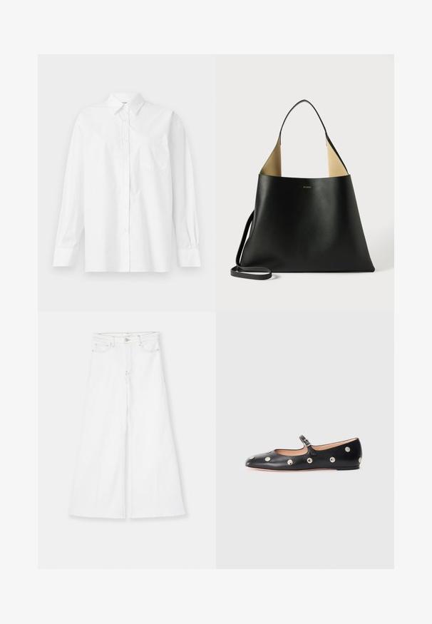 Balta garām piedurknēm krekls, izgatavots no kokvilnas, ar klasisku apkakli, pogu aizdari un vienu krūšu kabatu kreisajā pusē.; FRAME LE PALAZZO CROP RAW FRAY - Džinsi ar paplatinātiem galiem - white; Melna ādas Mary Jane līdzena zābaku ar noapaļotu purngalu, kurā ir sudraba apaļie kniedes un regulējama siksniņa ar sprādzi.; Melnas ādas toņu soma ar plašu, stūrveida dizainu. Iekšpusē kontrastējoša brūna krāsa un plāns plecu siksna. Minimālistiska zīmola identitāte.