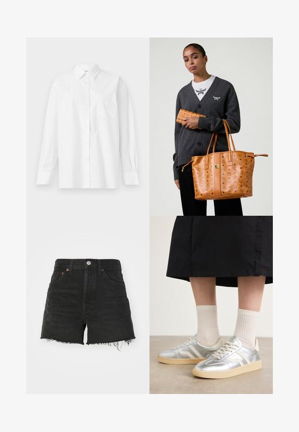 Weißes Langarmhemd aus Baumwolle mit klassischem Kragen, Knopfverschluss und einer Brusttasche auf der linken Seite.; Schwarze Jeansshorts mit hoher Taille, ausfransigem Saum und kupferfarbenen Nieten. Verfügt über ein klassisches Fünf-Taschen-Design und einen Knopfverschluss.; Silberne synthetische Turnschuhe mit weißen Streifen, cremefarbener Sohle und strukturiertem Material; kombiniert mit hellen gerippten Socken und einem schwarzen Rock.; Frau in einem dunkelgrauen Cardigan und weißem Hemd, die eine sandfarbene Leder-Tasche und ein passendes Portemonnaie mit Logo-Druck hält.
