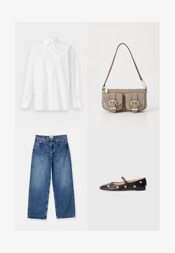 Balta garām piedurknēm krekls, izgatavots no kokvilnas, ar klasisku apkakli, pogu aizdari un vienu krūšu kabatu kreisajā pusē.; Gai zila plata kāju džinsi no denima, ar klasisku piecu kabatu dizainu, redzamām šuvēm un vidēji augstu jostasvietu.; Melna ādas Mary Jane līdzena zābaku ar noapaļotu purngalu, kurā ir sudraba apaļie kniedes un regulējama siksniņa ar sprādzi.; Bežs teksturēts roku soma ar regulējamu siksnu, divas priekšējās kabatas, kas aizveras ar sprādzēm, un zelta aksesuāriem. Augšā ar rāvējslēdzēja aizdari.