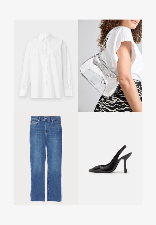 White long-sleeve shirt made of cotton, featuring a classic collar, button closure, and a single breast pocket on the left side.; Blue denim jeans with a straight cut, featuring a button and zip closure, five pockets, and frayed hemlines at the bottom.; Black leather slingback shoe with a pointed toe, slim high heel, and a decorative bow accent. Smooth texture and sleek design.; Silver metallic shoulder bag with a smooth texture, curved design, chain strap, and a polished front panel featuring a subtle logo engraving.