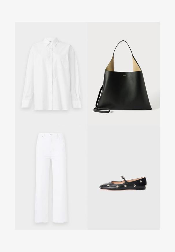 Weißes Langarmhemd aus Baumwolle mit klassischem Kragen, Knopfverschluss und einer Brusttasche auf der linken Seite.; Weiße Jeans aus Denim mit hoher Taille und weitem Schnitt. Verfügt über Fronttaschen, einen Knopfverschluss und dezente Steppdetails.; Schwarze Leder-Mary-Jane-Ballenflats mit runder Zehenform, ausgestattet mit silbernen runden Nieten und einem verstellbaren Riemen mit Schnalle.; Schwarze Leder-Tote mit einem geräumigen, eckigen Design. Verfügt über ein kontrastierendes, hellbraunes Innenfutter und einen dünnen Schulterriemen. Minimalistisches Branding ist angebracht.