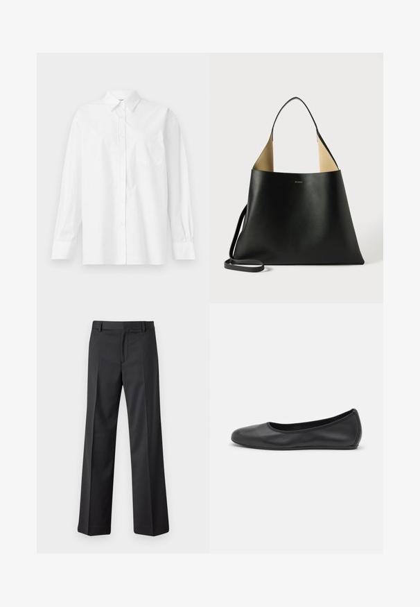 White long-sleeve shirt made of cotton, featuring a classic collar, button closure, and a single breast pocket on the left side.; Black, wide-leg trousers made from smooth fabric. Features a waistband with belt loops and front pleats. Straight cut to ankle.; Black leather ballet flat with a rounded toe, smooth texture, minimal stitching detail, and a flexible sole design.; Black leather tote bag with a spacious, angular design. Features a contrast tan interior and thin shoulder strap. Minimalist branding displayed.