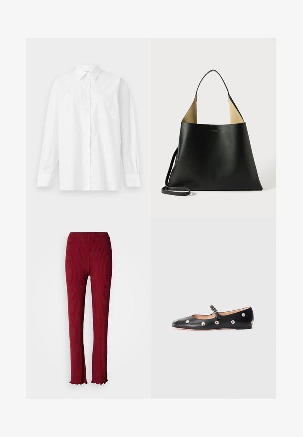 Witte langslavige shirt gemaakt van katoen, met een klassieke kraag, knoopsluiting en een enkele borstzak aan de linkerkant.; Rode geribde legging met een aansluitend ontwerp, zachte textuur, uitlopende zoom en een elastische tailleband voor comfort.; Zwarte leren Mary Jane ballerina met een ronde neus, voorzien van zilveren ronde studs en een verstelbaar bandje met een gesp.; Zwarte leren handtas met een ruime, hoekige vormgeving. Voorzien van een contrasterende tan binnenkant en een dunne schouderband. Minimalistische branding weergegeven.