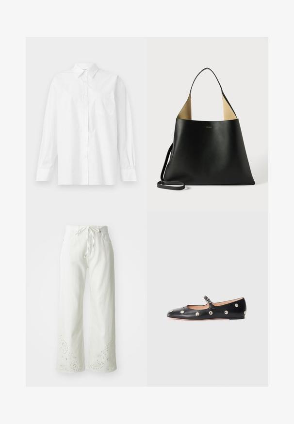 White long-sleeve shirt made of cotton, featuring a classic collar, button closure, and a single breast pocket on the left side.; White wide-leg pants made of cotton, featuring a drawstring waist and embroidered paisley patterns on the hem. Smooth texture.; Black leather Mary Jane flat shoe with a rounded toe, featuring silver circular studs and an adjustable strap with a buckle.; Black leather tote bag with a spacious, angular design. Features a contrast tan interior and thin shoulder strap. Minimalist branding displayed.