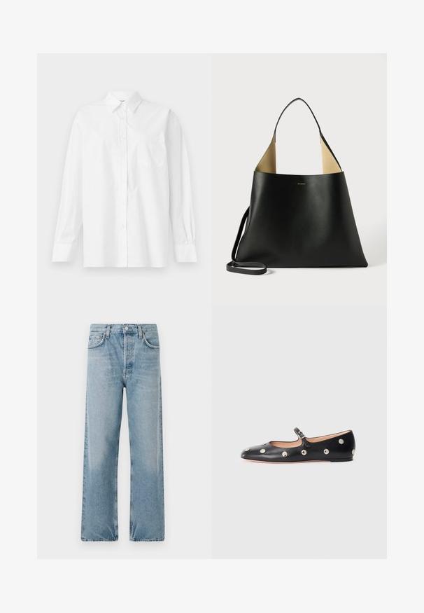 Hvid langærmet skjorte lavet af bomuld, med klassisk krave, knaplukning og en enkelt brystlomme på venstre side.; Lyseblå denimjeans med høj talje, bred benudskæring og fem lomme-design. Har en knaplukning og subtil falmning.; Sorte læder Mary Jane flad sko med en rund tå, udstyret med sølvfarvede runde nitter og en justerbar rem med spænde.; Sort læder tote taske med et rummeligt, vinkelret design. Har en kontrastfarvet tan indvendig og en tynd skulderrem. Minimalistisk branding er vist.