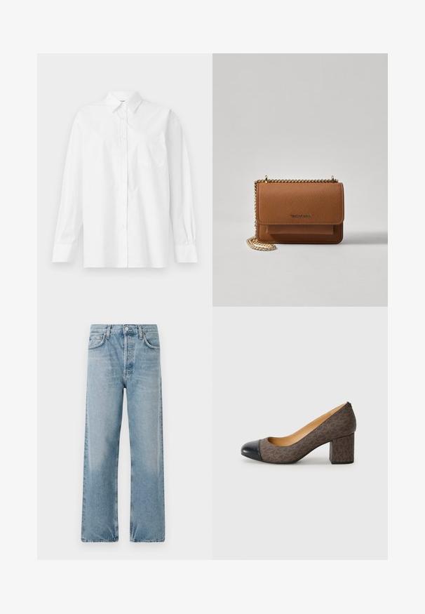 Valge pika varrukaga särk, mis on valmistatud puuvillast, klassikalise krae, nööbiga kinnituse ja vasakul küljel oleva ühe rinnataskuga.; Heledad sinised teksad, kõrge vöökoha, laia lõike ja viie taskuga. Omab nööpkinnitust ja peent füüsilist kulumist.; Pruunikirju kõrge kontsaga king, millel on ümar must pealise osa ja plokknokk, millel on sile nahataoline tekstuur.; Pruun tekstureeritud nahk ristkeha kott kuldse ahelaga rihmaga ja klapiga sulgemine. Esiküljel on logo detail ja tasku klapi all.