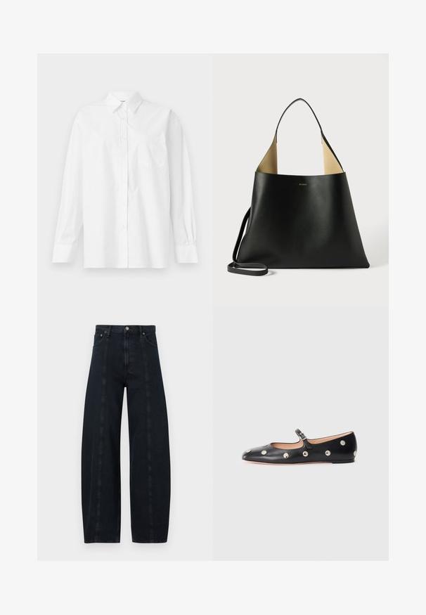 White long-sleeve shirt made of cotton, featuring a classic collar, button closure, and a single breast pocket on the left side.; Wide-leg dark denim jeans with a high waist, featuring contrasting seams and classic five-pocket styling. Smooth texture, no visible patterns.; Black leather Mary Jane flat shoe with a rounded toe, featuring silver circular studs and an adjustable strap with a buckle.; Black leather tote bag with a spacious, angular design. Features a contrast tan interior and thin shoulder strap. Minimalist branding displayed.