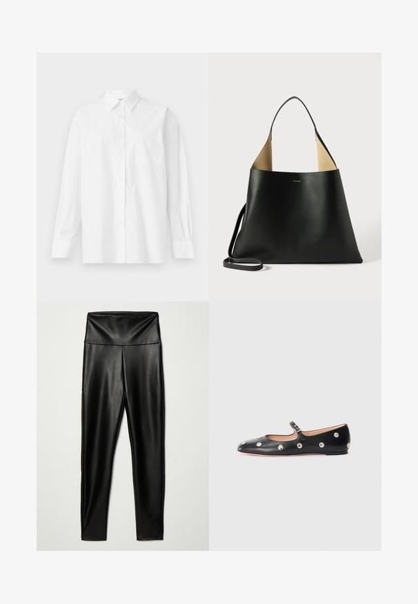 Bela srajca z dolgimi rokavi iz bombaža, z klasičnim ovratnikom, gumbnim zapiranjem in enim žepom na levi strani.; Črne legice iz umetnega usnja z visokim pasom, ki imajo gladko teksturo in prilegajoč silhueto, segajo do gležnjev.; Črne usnjene Mary Jane balerinke z zaobljenim noskom, opremljene z zlatimi krožnimi mošnjo in nastavljivim trakom z zaponko.; Črna usnjena torba s prostornim, angularnim dizajnom. Ima kontrastno rjavo notranjost in tanek narame na. Minimalistična blagovna znamka je prikazana.