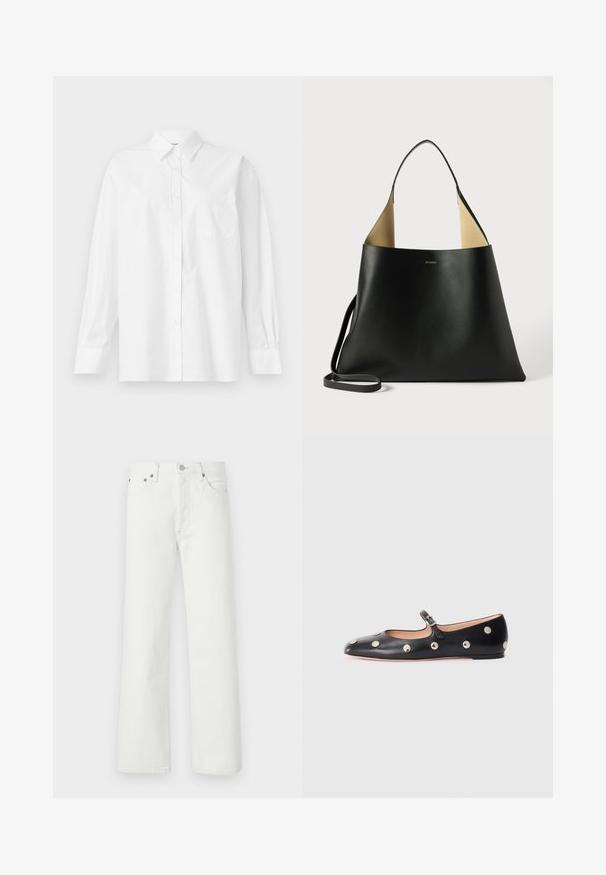 Biała koszula z długim rękawem wykonana z bawełny, z klasycznym kołnierzykiem, zapięciem na guziki i pojedynczą kieszenią na piersi po lewej stronie.; Białe dżinsy o prostym kroju nogawki, pięciokomorowym fasonie oraz metalowymi akcentami na pasku i kieszeniach.; Czarne skórzane buty typu Mary Jane na płaskim obcasie z zaokrąglonym czubkiem, ozdobione srebrnymi okrągłymi ćwiekami oraz regulowanym paskiem z klamrą.; Czarna skórzana torba na ramię o przestronnym, kanciastym kształcie. Wyposażona w kontrastowe, jasnobrązowe wnętrze i cienki pasek na ramię. Minimalistyczne logo.