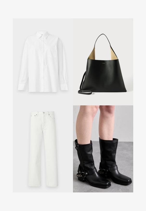 Biała koszula z długim rękawem wykonana z bawełny, z klasycznym kołnierzykiem, zapięciem na guziki i pojedynczą kieszenią na piersi po lewej stronie.; Białe dżinsy o prostym kroju nogawki, pięciokomorowym fasonie oraz metalowymi akcentami na pasku i kieszeniach.; Czarne skórzane kozaki do kolan z kwadratowym noskiem, bocznym zamkiem błyskawicznym i regulowanym paskiem z metalowym akcentem w postaci łańcucha. Matowe wykończenie i solidna podeszwa.; Czarna skórzana torba na ramię o przestronnym, kanciastym kształcie. Wyposażona w kontrastowe, jasnobrązowe wnętrze i cienki pasek na ramię. Minimalistyczne logo.