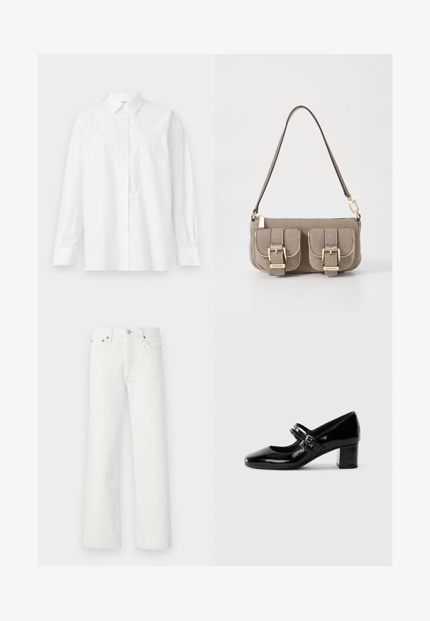 Fehér, hosszú ujjú pamut ing klasszikus gallérral, gombos záródással és egyetlen zsebbel a bal oldalon.; Fehér farmernadrág, amely egyenes szárú, öt zsebes kialakítással és fémdíszítésekkel rendelkezik a derékrészen és a zsebeknél.; Fekete lakkbőr Mary Jane cipő, két csattal és alacsony tömbsarkú talppal, fehér háttér előtt.; Beige textúrájú kézitáska állítható pánttal, két elülső zsebbel, amelyek csattal záródnak, és arany színű kiegészítőkkel. A tetején cipzáros záródás.