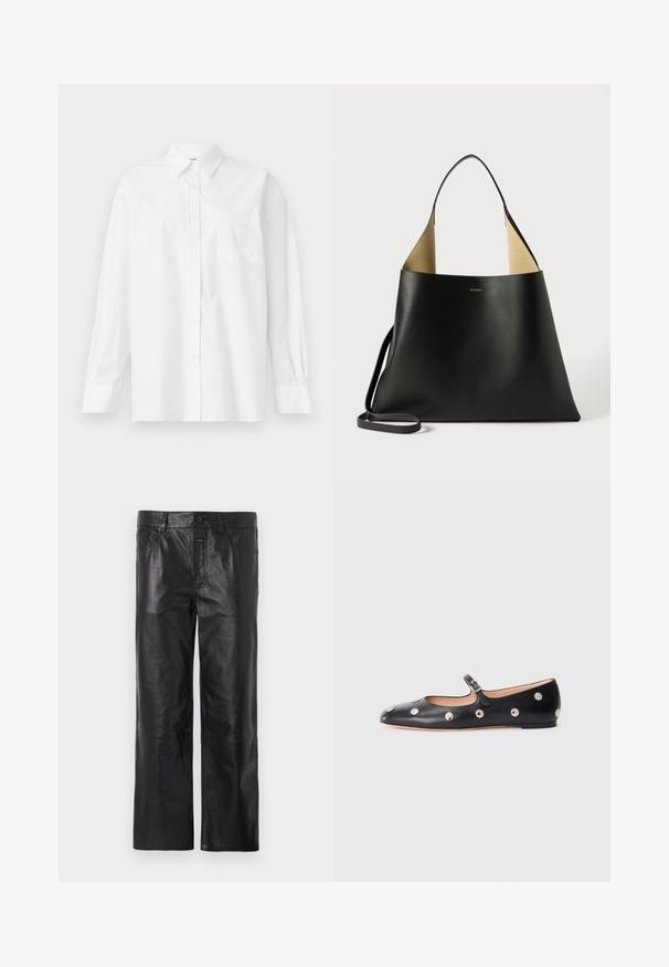Balta ilga rankovėmis marškiniai, pagaminti iš medvilnės, su klasikiniu apykakle, mygtukų uždarymu ir vienu krūtinės kišeniu kairėje pusėje.; Juodos odinės kelnės su tiesiomis kojomis, turinčios juosmenį su mygtuko uždarymu ir kišenėmis, lygia tekstūra ir matomais siuvimo detalėmis.; Juodų odinių Mary Jane plokščių batų su apvaliu pirštu, papuoštų sidabriniais apvaliais nagais ir reguliuojamu dirželiu su sagtimi.; Juodas odinis rankinės modelis su erdviu, kampuotu dizainu. Yra kontrastinga tan spalvos vidinė dalis ir plona petneša. Minimalistinis prekių ženklo ženklas.