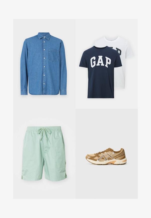 Farmering ing, világoskék, hosszú ujjú, gombos elejű, galléros, egyetlen mellzsebbel, egyenes aljjal, finom textúrával, laza dizájnnal.; Két póló a GAP-től; az egyik sötétkék, fehér "GAP" logóval, a másik fehér, sötétzöld "GAP" logóval. Pamutból készült, kerek nyakú dizájn.; Világos zöld úszónadrág sima szövetből, rugalmas derékrésszel és zsinórral, oldalsó zsebekkel és rövid szabással.; Világosbarna sportcipő hálós felsőrésszel, szintetikus borítással és párnázott talppal. Fényvisszaverő oldalsó logóval és fűzőrendszerrel rendelkezik.