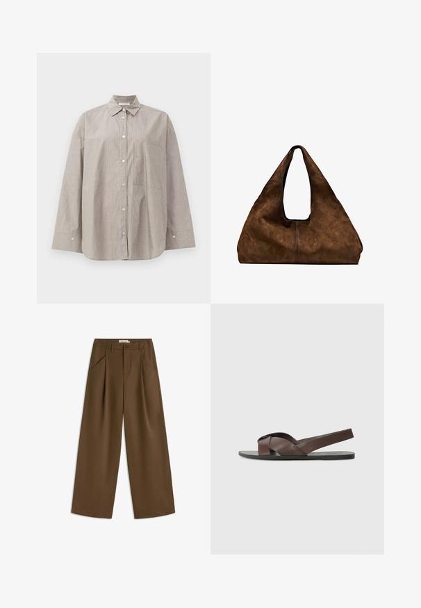 Gestreepte button-up shirt in beige en wit, met een puntige kraag, lange mouwen, een voorzak en een relaxte pasvorm.; Bruine wijde broek met een hoge tailleband, voorzien van twee voorplooien, zijzakken en een enkele knoopsluiting. Soepele textuur.; Bruine leren sandaal met een kruisbandontwerp, vlakke zwarte zool en verstelbare achterband. Gladde textuur en minimale hardwaredetails.; Bruine suède schoudertas met een open bovenkant. Heeft een diepe, brede vorm, een uitsnijdend handvat en een minimale stiksels voor een strak ontwerp.