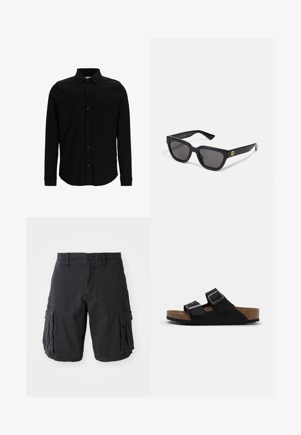 Melna garās piedurknes krekls no gludas auduma, ar pogām aizdare, apkakli un smalku izšuvumu uz krūtīm.; Melni kravas šorti, kas izgatavoti no kokvilnas, ar vairākiem sānu kabatām, pogu aizdari un brīvu piegriezumu. Gluda tekstūra un izturīgi vīlējumi.; Melni zamšaini sandales ar diviem regulējamiem siksniņām, sudraba sprādzēm un korķa zolēm. Tām ir strukturēta melna zole, kas nodrošina saķeri.; Melni taisnstūra saulesbrilles ar spīdīgu apdari, tumšiem stikliem un zelta aksesuāru uz tempļa, uz kura redzams logo.