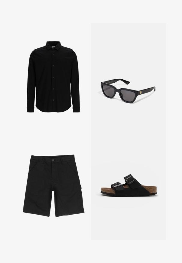 Črna srajca z dolgimi rokavi, izdelana iz gladkega materiala, z gumbom spredaj, ovratnikom in subtilnim vezenim logotipom na prsih.; Črne kratke hlače iz bombaža z ravnim sprednjim delom, dvema stranskima žepoma, gumbom za zapiranje in stranskim žepom za dodatno shranjevanje.; Črne semiš sandale z dvema nastavljivima trakoma, srebrnimi zaponkami in podplatom iz plute. Imajo teksturiran črn podplat za boljši oprijem.; Črna pravokotna sončna očala z gladkim zaključkom, temnimi lečami in zlatim okrasjem na strani, ki vsebuje logo.