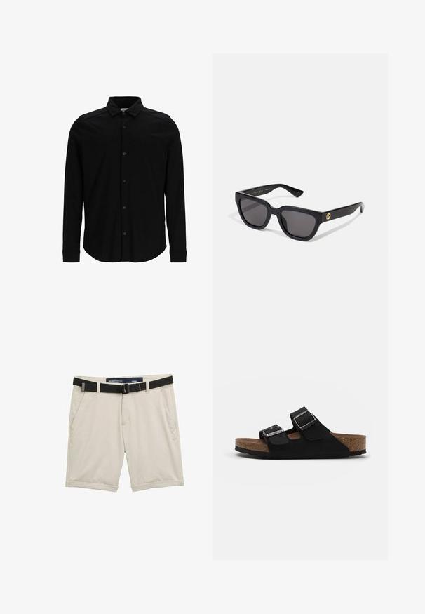 Chemise noire à manches longues en tissu lisse, dotée d'un devant à boutons, d'un col et d'un logo brodé subtil sur la poitrine.; Shorts beiges avec une ceinture réglable noire. Fabriqués en tissu léger, ils disposent de poches latérales et de revers pour un look décontracté. Taille M.; Sandales en suède noir avec deux sangles réglables, boucles en argent et semelle en liège. Présente une semelle noire texturée pour une meilleure adhérence.; Lunettes de soleil noires rectangulaires avec une finition brillante, des verres foncés, et un accent en or sur la branche présentant le logo.
