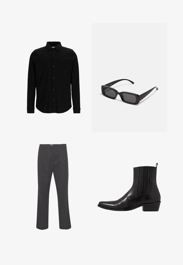 Musta pitkähihaine paita, joka on valmistettu sileästä kankaasta. Paidassa on napitus edessä, kaulus ja hienovarainen brodeerattu logo rinnassa.; Mustat housut suoralla lahkeella, valmistettu kudotusta kankaasta. Varustettu etupainonappikiinnityksellä ja tavanomaisilla vyölenkeillä.; Musta nahkasaapas nilkkamalle, jossa on terävä kärki, joustavat sivupaneelit, pystysuorat ompeleet ja matala lohko korko.; Mustat suorakaiteen muotoiset aurinkolasit, joissa tummat linssit, kiiltävä pinta, leveät sangan varret ja massiivinen kehysmuotoilu. Yhden sangansivun kaiverrettu brändinimi.