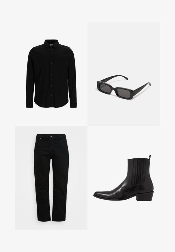 Musta pitkähihaine paita, joka on valmistettu sileästä kankaasta. Paidassa on napitus edessä, kaulus ja hienovarainen brodeerattu logo rinnassa.; Mustat farkut puuvillasta, joissa on klassinen leikkaus, viisi-taskumalli ja metallinen napitus. Suora lahje ja sileä pinta.; Musta nahkasaapas nilkkamalle, jossa on terävä kärki, joustavat sivupaneelit, pystysuorat ompeleet ja matala lohko korko.; Mustat suorakaiteen muotoiset aurinkolasit, joissa tummat linssit, kiiltävä pinta, leveät sangan varret ja massiivinen kehysmuotoilu. Yhden sangansivun kaiverrettu brändinimi.; Kaksi kuvioitua huivia: toinen musta valkoisilla kuvioilla, toinen ruskea oransseilla yksityiskohdilla. Molemmat ovat satiinia, ja niissä on terävät päät.