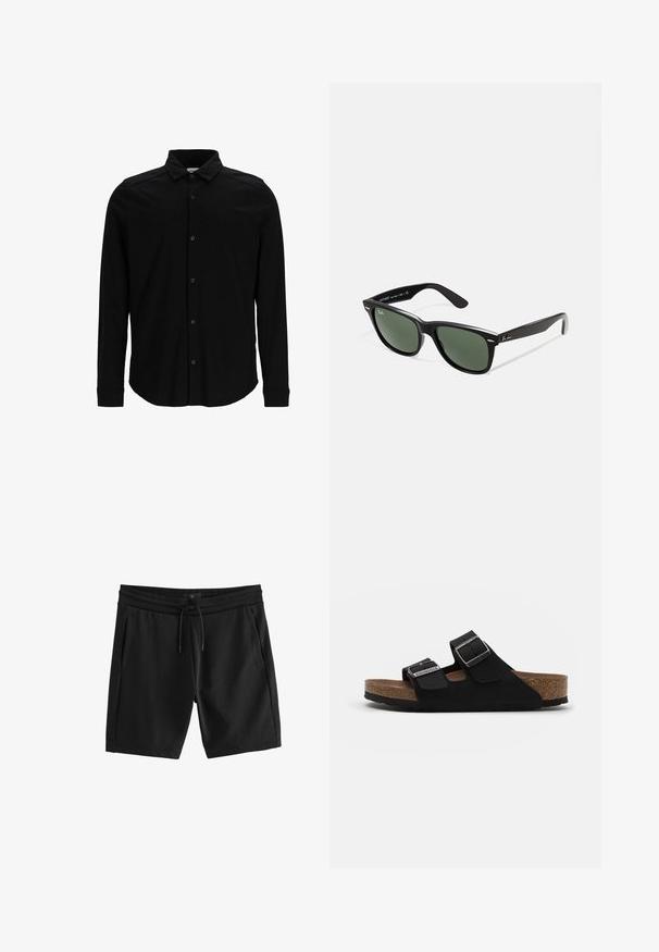 Črna srajca z dolgimi rokavi, izdelana iz gladkega materiala, z gumbom spredaj, ovratnikom in subtilnim vezenim logotipom na prsih.; Črne kratke hlače iz mehkega bombažnega materiala, z elasticnim pasom in vrvico, ter dvema stranskima žepoma.; Črne semiš sandale z dvema nastavljivima trakoma, srebrnimi zaponkami in podplatom iz plute. Imajo teksturiran črn podplat za boljši oprijem.; Črne plastične sončna očala z zelenimi lečami, kvadratni okvirji, srebrni detajl na obrvi in teksturirani ročaji. Blagovna znamka navedena na notranji strani ročaja.