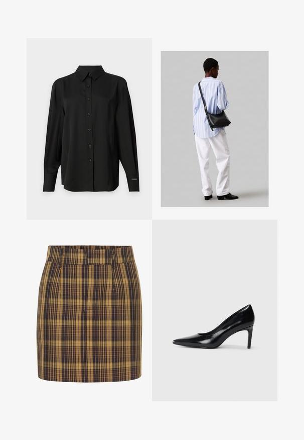 Cămașă neagră cu nasturi, confecționată dintr-un material neted, având guler clasic, mâneci lungi și o croială ajustată cu detalii subtile la umeri.; Fustă mini cu carouri în galben și bleumarin. Prezintă talie înaltă, față dreaptă și buzunare laterale, realizată dintr-un material texturat cu o formă bine definită.; Pantof de damă din piele neagră, cu toc înalt, vârf ascuțit, textură fină și toc conic. Design minimalist, fără embellishments suplimentare.; Geantă de umăr din piele neagră cu o textură moale, formă triunghiulară și curea ajustabilă, asortată cu o bluză cu dungi albastre deschise și pantaloni albi.
