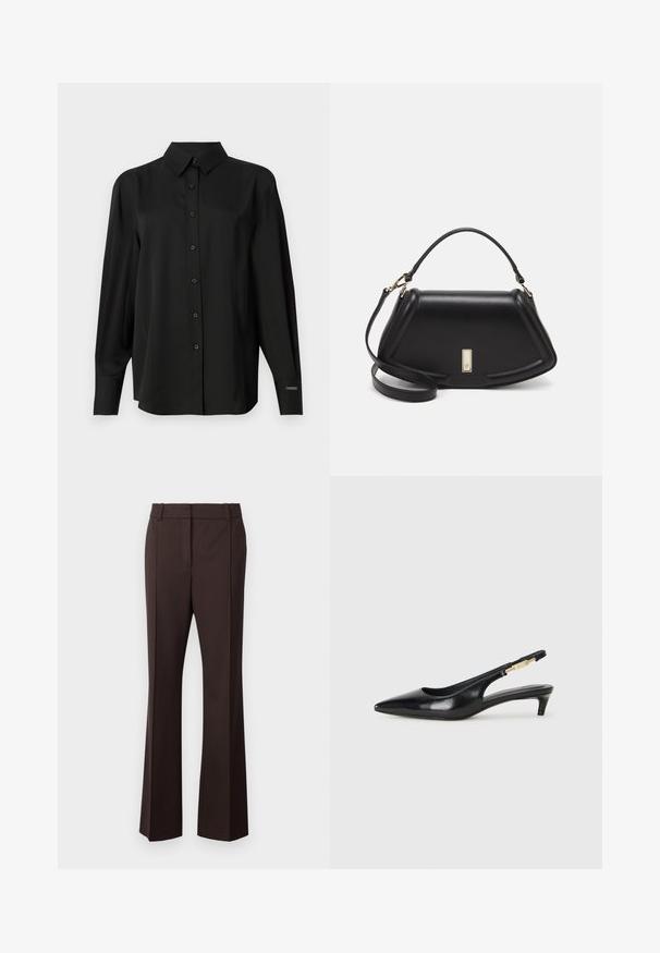 Black button-up shirt made of smooth fabric, featuring a classic collar, long sleeves, and a tailored fit with subtle shoulder detailing.; Samsøe Samsøe SALOT TROUSERS - Trousers - chocolate torte; Black leather slingback heels with a pointed toe, featuring a slim heel and a gold-tone accent on the adjustable strap. Smooth texture.; Black leather handbag with a structured design, featuring a cropped shape, top handle, and gold hardware accent. Adjustable shoulder strap included.