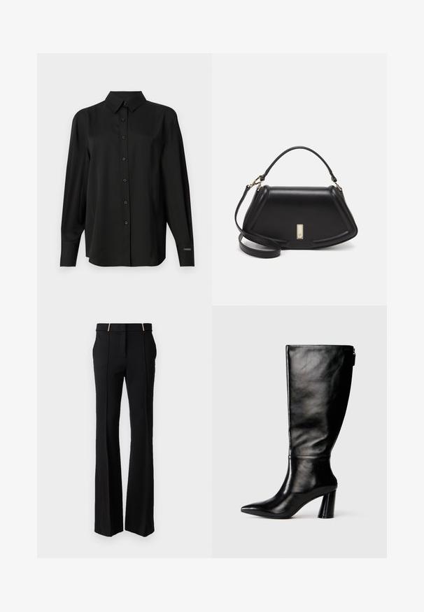 Black button-up shirt made of smooth fabric, featuring a classic collar, long sleeves, and a tailored fit with subtle shoulder detailing.; LIU JO PANT FIT AND FLARE - Trousers - nero; Knee-high black leather boot with a pointed toe, smooth texture, and a chunky heel. Features a zipper detail at the back.; Black leather handbag with a structured design, featuring a cropped shape, top handle, and gold hardware accent. Adjustable shoulder strap included.