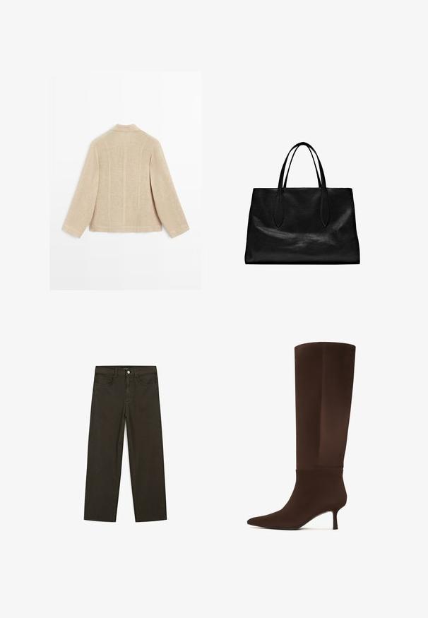 Beige dlouhý rukáv kabát s vysokým límcem, viditelným vertikálním švem a mírně texturovanou tkaninou, zobrazený zezadu.; Tmavě zelené široké džínsy vyrobené z bavlněné směsi, s předním zapínáním na knoflík, pěti kapsami a klasickým denimovým stehem.; Hnědá kozačka po kolena vyrobená z hladkého materiálu, s špičatou špičkou a úzkým vysokým podpatkem. Bezešvý design s minimálními akcenty.; Černá kožená taška na rameno s dvěma dlouhými uchy, strukturovaným tvarem, hladkou texturou a minimalistickým designem. Žádné viditelné kovové prvky ani ozdoby.