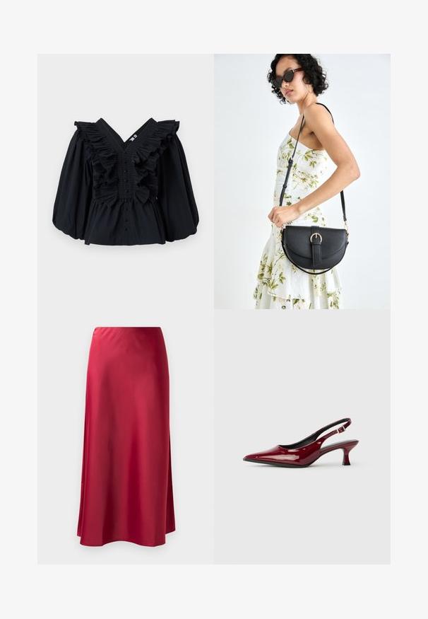 Juodas viršus su V formos iškirpte, raukšlėmis aplink iškirptę ir pūstomis rankovėmis. Priekyje yra sagų uždarymas. Lygus audinio paviršius.; Raudona satino ilga sijonas su lygiu paviršiumi, šiek tiek išplėsta forma ir šoninė skeltis, užtikrinanti judėjimo laisvę. Nėra matomų metalinių detalių ar papuošimų.; Burgundiško lakuoto odos slingback kulniukai su smailiu smailiu ir elegantišku stiletto kulnu. Atvira nugaros konstrukcija su reguliuojamu kulkšnies dirželiu.; Juodas odinis krepšys su išlenkta forma, nuimamu dirželiu ir auksiniais detalėmis. Krepšys turi kilpą su sagtimi.