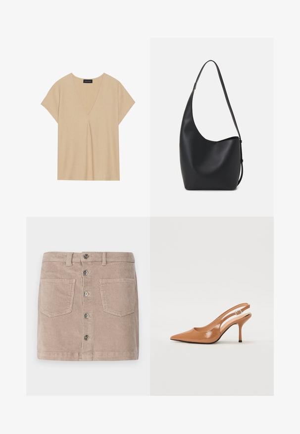 Haut beige avec un col en V et des manches courtes. Tissu léger et texturé avec un détail de pli central. Design simple et détendu.; ONLY ONLAMAZING HW LIFE PNT N - Minijupe - goat; Escarpin à talon slingback à bout pointu en matériau beige lisse et brillant. Présente un design de découpes courbées et un talon aiguille fin. Détail de boucle en argent.; Sac hobo en cuir noir avec une texture lisse, une forme incurvée et une seule sangle réglable ; dispose d'une large ouverture en haut.