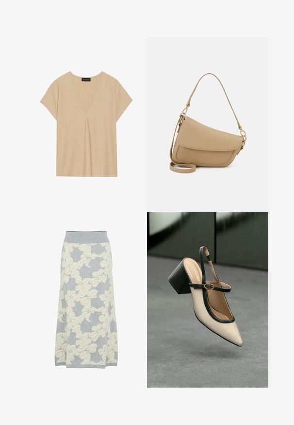 Bežinė palaidinė su V formos iškirpte ir trumpomis rankovėmis. Lengva, tekstūruota medžiaga su centriniu klostės akcentu. Paprastas, laisvas dizainas.; Pilkas megztas sijonas su tekstūruotu grietinėlės spalvos gėlių raštu, turintis priglundančią liemenę ir plazdinančią A-line fasoną.; Šviesiai rudos suknelės bateliai su juodu apvadu, auksine sagtimi ir masyviu blokiniu kulnu, stovintys ant pilkos grindų su tamsiai žalia fonu.; Even&Odd Rankinė - beige