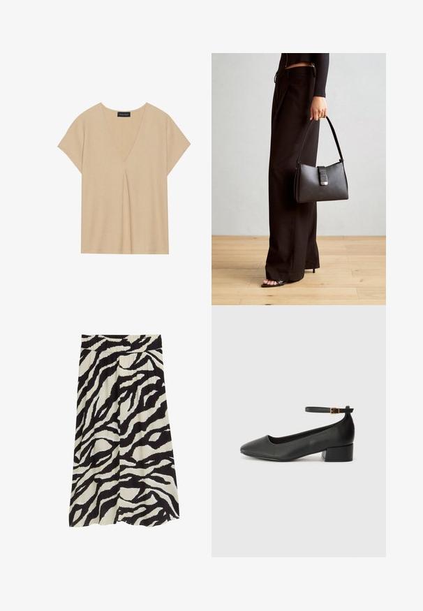 Bežs tops ar V-veida kakla izgriezumu un īsām piedurknēm. Viegls, teksturēts audums ar centrālo krokām. Vienkāršs, relaksēts dizains.; Melnas un krēmveida svārki ar zebras svītrojumu, pleitots dizains, elastīga josta un plūstoša silueta.; Melnas ādas sūkņi ar smailu purngalu un zemu bloku papēdi. Iezīmēts ar potītes siksniņu ar zelta krāsas sprādzi. Gluda tekstūra.; Melnā somiņa ar strukturētu formu, gludu tekstūru un metālu sprādzi. Saskaņota ar platām melnām biksēm un sandālēm ar atvērtu purngalu uz koka grīdas.