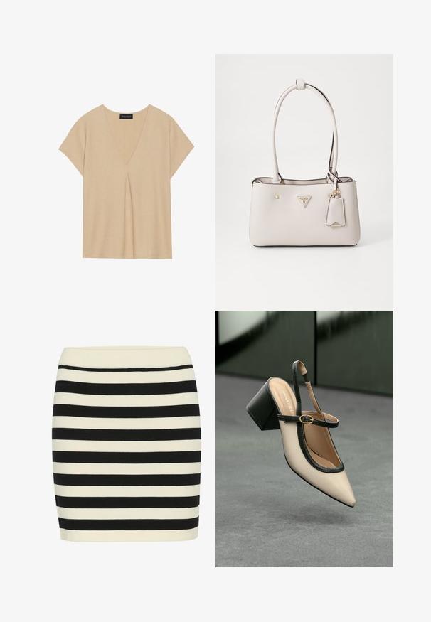 Bežna majica s V-izrezom i kratkimi rokavi. Lahka, strukturirana tkanina s centralnim gubanim detajlom. Preprost, sproščen dizajn.; Črno-kremasto črtasta pletena krilo, oprijetega kroja, z rebrastim pasom. V vodoravni smeri se širine črt izmenjujejo za vizualno teksturo.; Bežna slingback čevlja z uskim sprednjim delom, črnimi detajli, zlatim zaponko in debelim blokovskim peto na sivi tleh s temno zeleno ozadje.; Bežna torbica iz umetnega usnja z gladko teksturo, dvema naramnicama, zlatim okovjem, oznako z logotipom in pripetim oznako.