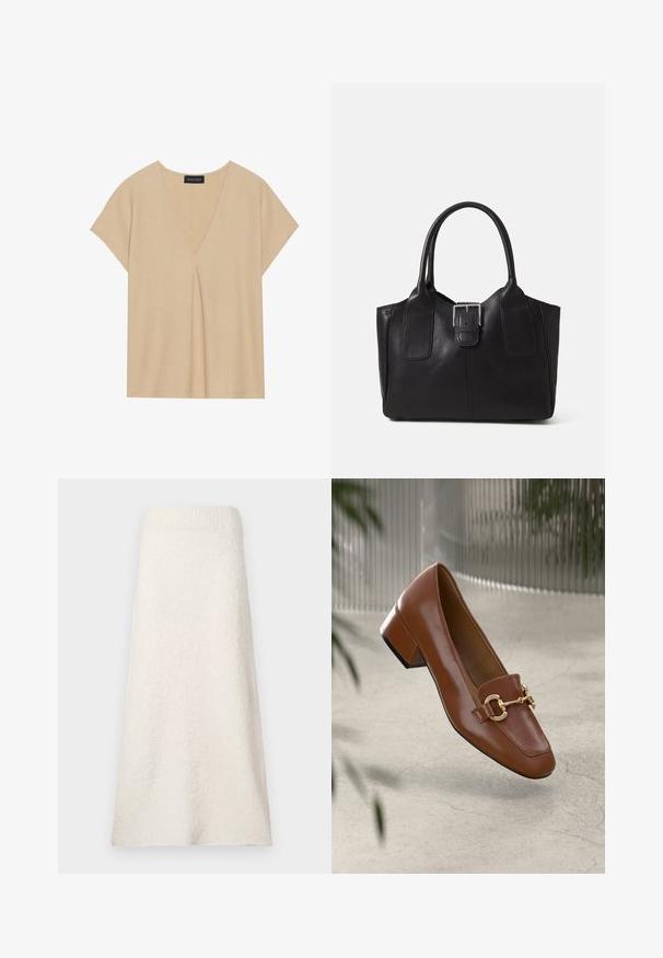 Haut beige avec un col en V et des manches courtes. Tissu léger et texturé avec un détail de pli central. Design simple et détendu.; Jupe en serviette crème jusqu'aux genoux en tissu texturé, avec une taille côtelée et un design ample et fluide.; Mocassin en cuir verni marron avec un bout carré, accent de chaîne métallique et petit talon carré ; texture lisse, design minimaliste.; Sac fourre-tout en cuir noir avec une texture lisse, une forme structurée, deux poignées et un détail en boucle argentée proéminent à l'avant.