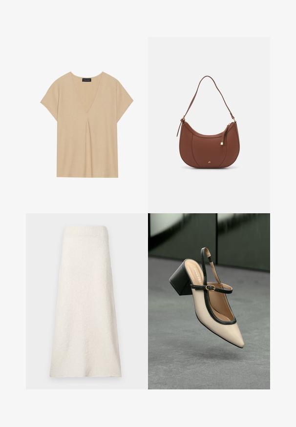 Top beige con escote en V y mangas cortas. Tejido ligero y texturizado con un detalle de pliegue central. Diseño simple y relajado.; Falda de toalla de longitud a la rodilla en color crema, hecha de tejido texturizado, con una cintura acanalada y un diseño suelto y fluido.; Zapato slingback de punta beige con ribete negro, hebilla dorada y un tacón cuadrado grueso sobre un suelo gris con fondo verde oscuro.; Bolso de hombro de imitación cuero marrón con forma curva, costura mínima y un acento de hardware en tono dorado. Presenta un cierre de cremallera en la parte superior y una correa ajustable.