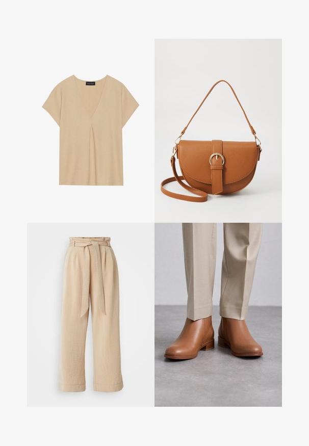 Top beige con escote en V y mangas cortas. Tejido ligero y texturizado con un detalle de pliegue central. Diseño simple y relajado.; Pantalones anchos beige con cintura ceñida, hechos de tela texturizada. Presentan un pliegue frontal y un acabado suave en el dobladillo.; Botas de cuero marrón hasta el tobillo con un acabado texturizado, puntera redonda y tacón bajo apilado, combinadas con pantalones beige claros.; Bolso bandolera de cuero marrón con forma curvada, herrajes dorados y un acento de hebilla. Incluye una correa de hombro desmontable.