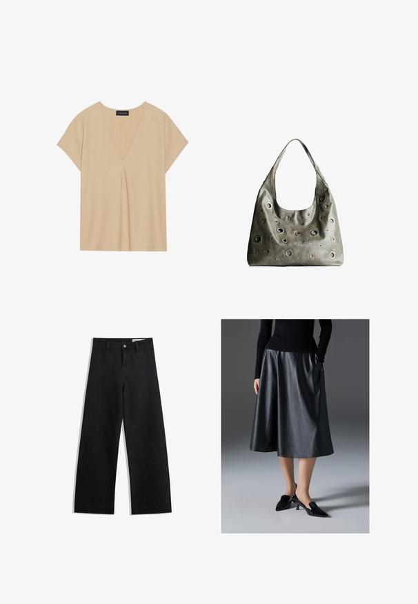 Beige színű, V kivágású, rövid ujjú felső. Könnyű, texturált anyag középső pliszével. Egyszerű, laza kivitel.; Fekete, bő szabású farmernadrág magas derékkal, elülső és hátsó zsebekkel, varrott felületekkel és gombos záródással. Sima textúra.; Fekete bőr midi szoknya sima textúrával; derékpánttal és oldalsó zsebekkel rendelkezik. Fényes fekete magassarkú cipővel párosítva.; Olívazöld bőrtáska laza fazonnal, különböző méretű kör alakú kivágásokkal és sötétebb és világosabb árnyalatú díszítésekkel.