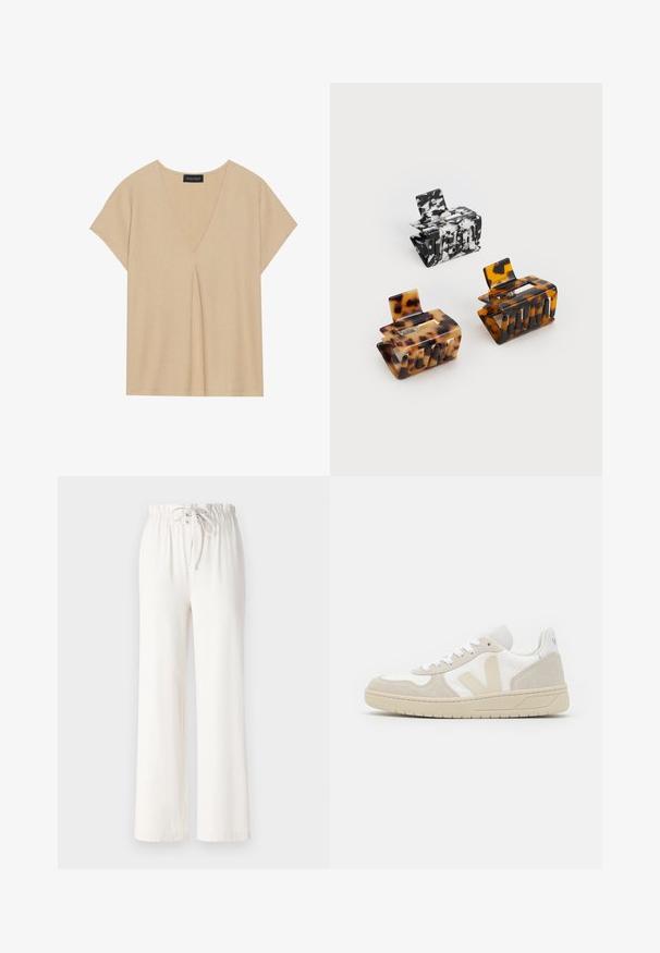 Beige top with a V-neck and short sleeves. Lightweight, textured fabric with a central pleat detailing. Simple, relaxed design.; White wide-leg pants made of soft fabric, featuring a drawstring waist and smooth texture. No patterns or embellishments visible.; White and beige sneakers with a textured fabric upper, suede accents, and a thick rubber sole; features a prominent V logo on the side.; Three hair clips: one black and white marbled, two tortoiseshell in brown and black hues, all made of glossy plastic with a textured finish.
