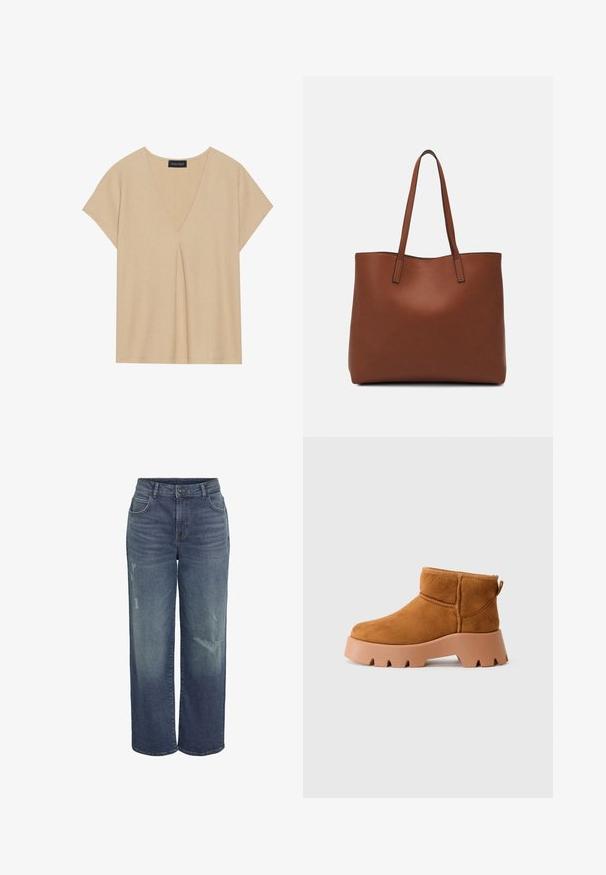Top bege com decote em V e mangas curtas. Tecido leve e texturizado com um detalhe de pregas centrais. Design simples e descontraído.; Jeans de ganga azuis de perna larga com uma cintura alta, apresentando áreas desgastadas e um clássico design de cinco bolsos. Textura suave, corte descontraído.; Botas de tornozelo em camurça bege com biqueira arredondada, sola texturizada castanha e laço de puxar. Apresenta uma costura costurada e um design de plataforma robusta.; Bolsa tote de couro castanho com uma textura suave, design de abertura superior e duas alças para o ombro. Apresenta costura mínima e sem hardware visível.