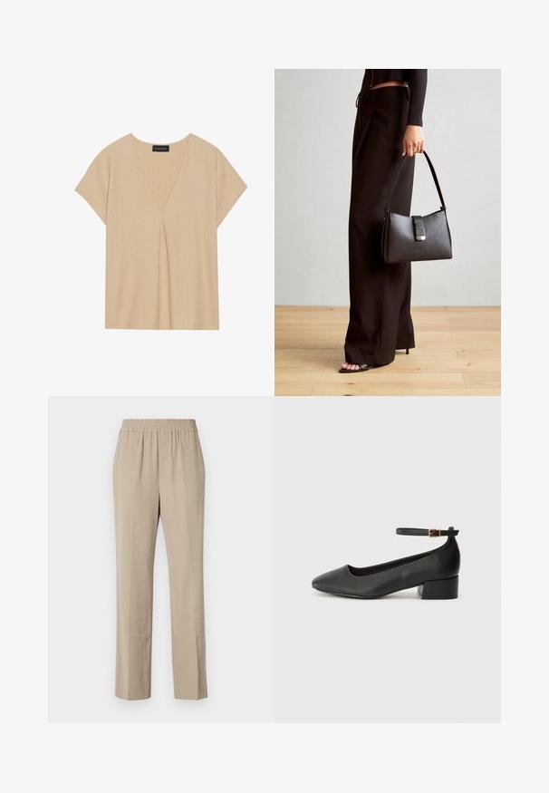 Haut beige avec un col en V et des manches courtes. Tissu léger et texturé avec un détail de pli central. Design simple et détendu.; Pantalons beige légers avec une taille élastique, coupe droite, texture douce et plis subtils. Pas de poches visibles.; Escarpin en cuir noir avec un bout pointu et un petit talon bloc. Doté d'une bride de cheville avec une boucle dorée. Texture lisse.; Sac à main noir à la forme structurée, texture lisse et fermoir métallique. Associé à un pantalon noir ample et des sandales ouvertes sur un sol en bois.