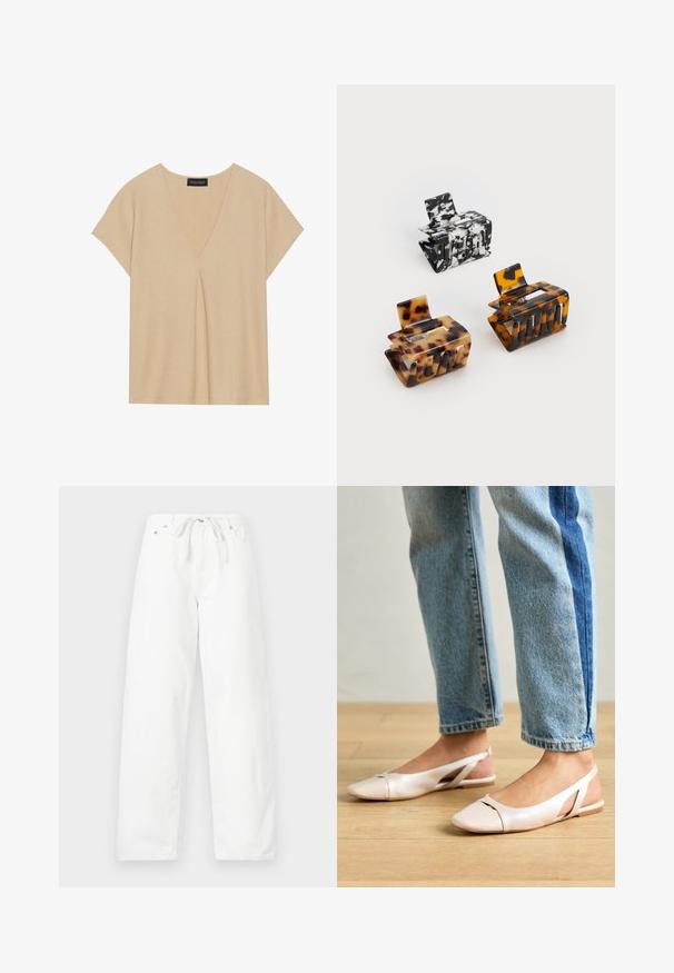 Beige top met een V-hals en korte mouwen. Lichtgewicht, textuurstof met centrale plooidetails. Eenvoudig, ontspannen ontwerp.; Witte, wijde broek van denim met een trekkoord in de taille en twee voorkruiden, met een gladde textuur en een schoon ontwerp.; Zachtroze slingback ballerina's met een spitse neus, gemaakt van een glad leerachtig materiaal. Bevat uitsnijdingen aan de zijkanten en heeft een platte hak.; Drie haarspelden: één gemarmerd in zwart en wit, twee tortoise-shell in bruine en zwarte tinten, allemaal gemaakt van glanzend plastic met een gewelfde afwerking.
