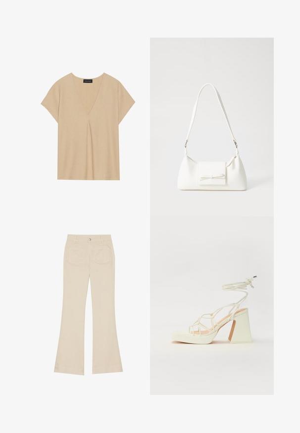 Bežs tops ar V-veida kakla izgriezumu un īsām piedurknēm. Viegls, teksturēts audums ar centrālo krokām. Vienkāršs, relaksēts dizains.; Bēšas platākā stila bikses ar augstu jostasvietu, izgatavotas no kokvilnas auduma. Iekļautas priekšējās un aizmugurējās kabatas, jostas cilpas un viena sudraba pogas.; Baltas augstpapēžu sandales ar masīvu papēdi, ar siksnu dizainu un potītes saistītiem elementiem. Gluda tekstūra ar platformu priekšpusē, lai nodrošinātu papildu augstumu.; Balta sintētiska soma ar trīsstūrveida formu, plakanu priekšējo vāciņu un loku detaļu, regulējamu siksnu, gludu tekstūru un minimālistisku dizainu.