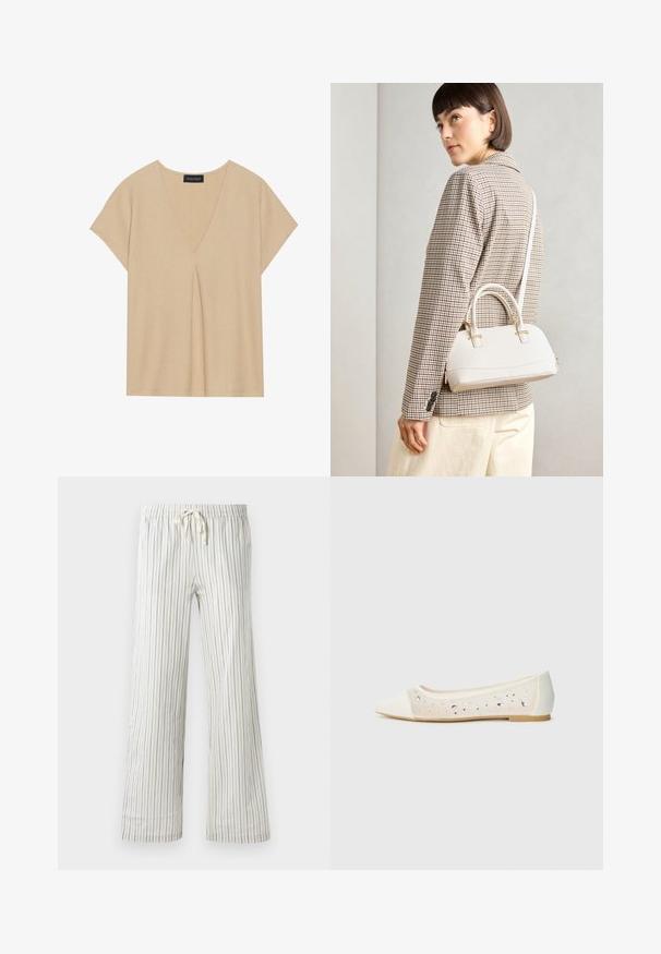 Top bege com decote em V e mangas curtas. Tecido leve e texturizado com um detalhe de pregas centrais. Design simples e descontraído.; Calças brancas com cordão de ajuste, apresentando finas riscas verticais azuis e um cós elástico, mostradas de frente sobre um fundo plain.; Sandal com biqueira apontada em pele creme com parte superior transparente decorada com strass dispersos. Sola macia para conforto, design minimalista.; Bolsa estruturada branca com alças curtas e uma alça de ombro, com detalhes em hardware dourado e material texturizado, exibida contra um fundo cinza.