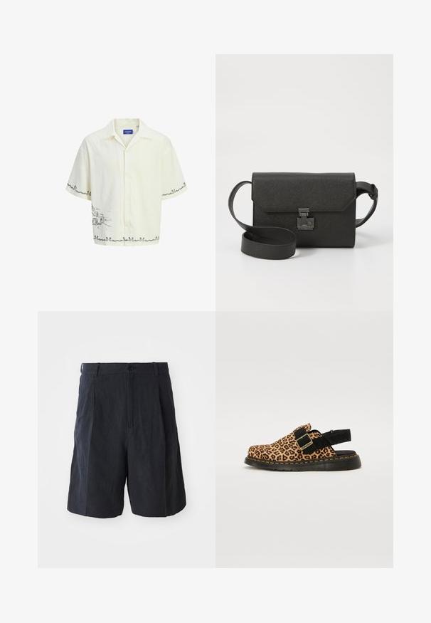 Camicia a maniche corte di un leggero color crema con colletto, caratterizzata da un disegno a schizzo grigio sulla parte frontale e dettagli decorativi all'orlo.; Weekday LOOSE SUIT - Shorts - black; Zoccolo a stampa leopardata con cinturino e fibbia in suede nero. Presenta una suola in gomma nera con cucitura gialla per un tocco di dettaglio in più.; Borsa a tracolla nera in pelle con finitura texture, chiusura a pattina, accessori in metallo e tracolla regolabile coordinata.